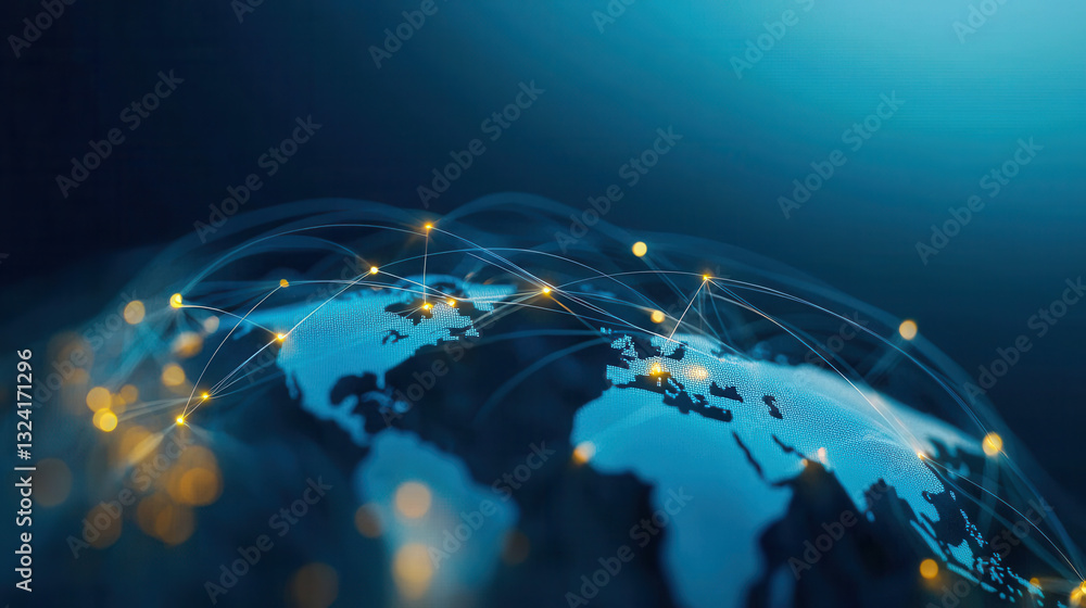 Poster clean and modern visual of global data network showcasing connections across continents, symbolizing