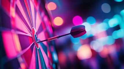 A dart hurls through the air, spinning elegantly as it approaches the bullseye on the dartboard, illuminated by the venue's neon ambiance