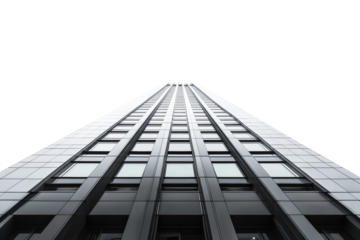 A striking view of a modern skyscraper soaring against a cloudless sky from ground level perspective isolated on transparent background