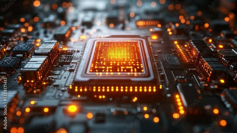 Aufkleber A detailed view of a quantum circuit board highlights qubits in superposition and entanglement. Orange lights indicate active processes in decoherence, showcasing advanced technology at work.