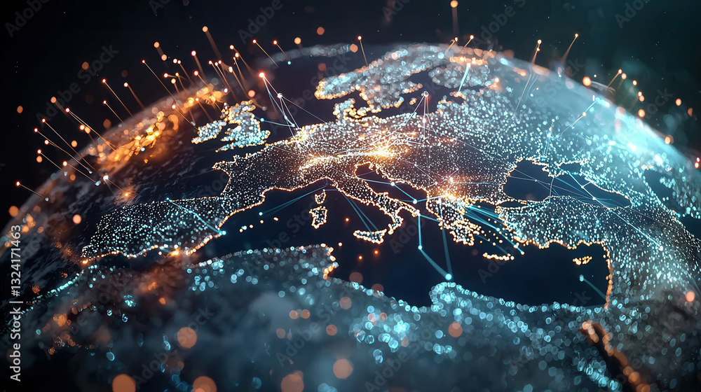 Poster global data network visualization showcasing europe with glowing connections, highlighting technolog