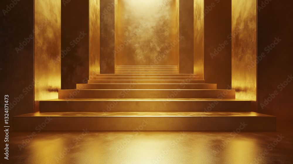 Poster luxurious golden stage with empty background, featuring illuminated steps and columns, creating dram