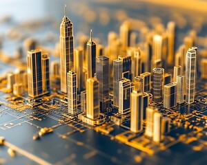 The visualization of a futuristic city built on a digital circuit board