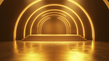 glowing golden stage with arched lights creates futuristic and elegant atmosphere. reflective floor enhances luminous effect, making it ideal for fashion or artistic presentations