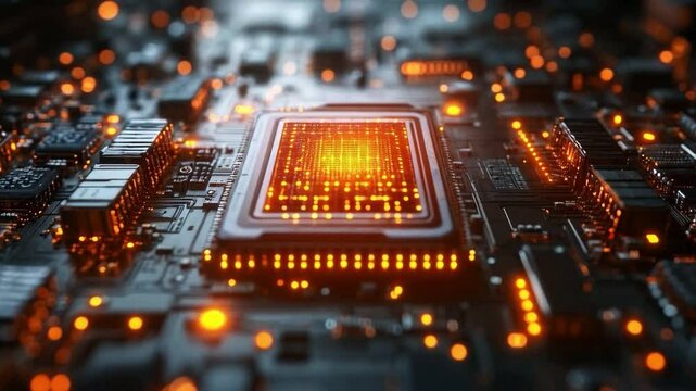 A detailed view of a quantum circuit board highlights qubits in superposition and entanglement. Orange lights indicate active processes in decoherence, showcasing advanced technology at work.