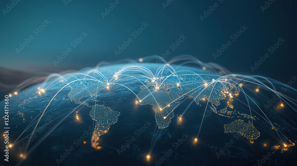 Poster clean and modern visual of global data network showcasing connections across continents, symbolizing