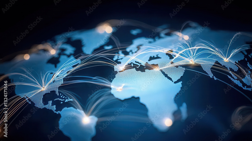 Poster clean and modern visual of global data network showcasing connections across continents, symbolizing
