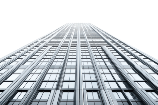 A mesmerizing view of a towering glass skyscraper reaching for the clouds under a clear sky isolated on transparent background
