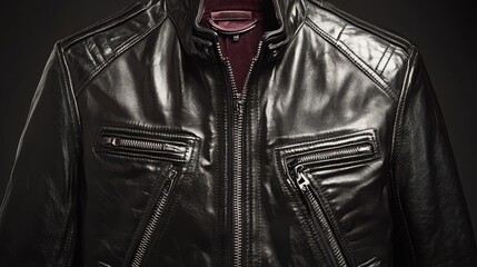 A glossy ebony leather jacket, its surface reflecting the light, boasts prominent zippers and pockets, a testament to its rugged style and timeless appeal.