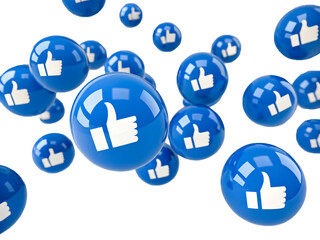 3D Like Button Icons – Floating Blue Thumbs Up Social Media Symbols on Transparent Background