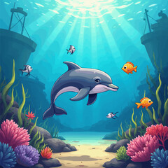 Fototapeta premium Vector drawing of cartoon dolphin and tropical fish under water at coral reef. Underwater world of ocean. Algae, corals and sea anemones on seabed. Illustration for children notepad.