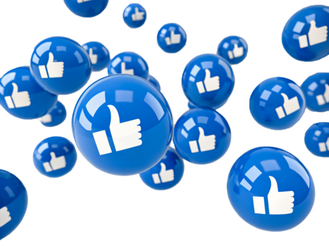 3D Like Button Icons – Floating Blue Thumbs Up Social Media Symbols on Transparent Background