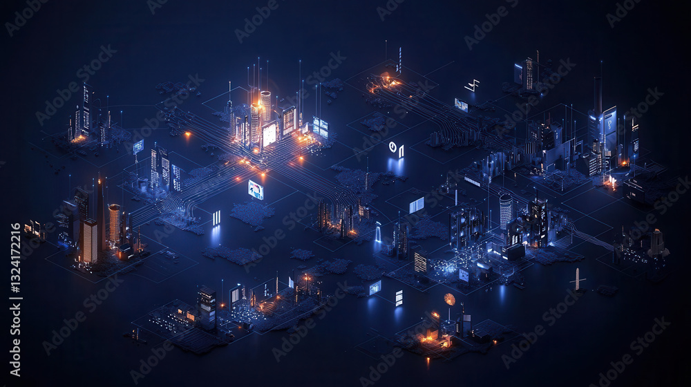 Poster clean and modern visual of global data network with illuminated buildings and connections, showcasin