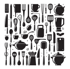kitchen utensils set icon black silhouette vector on white background.