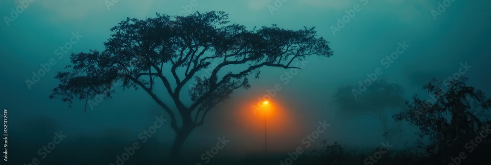 Poster Dark forest shrouded in fog with dim street lamp casting eerie glow in suspenseful atmosphere at twilight