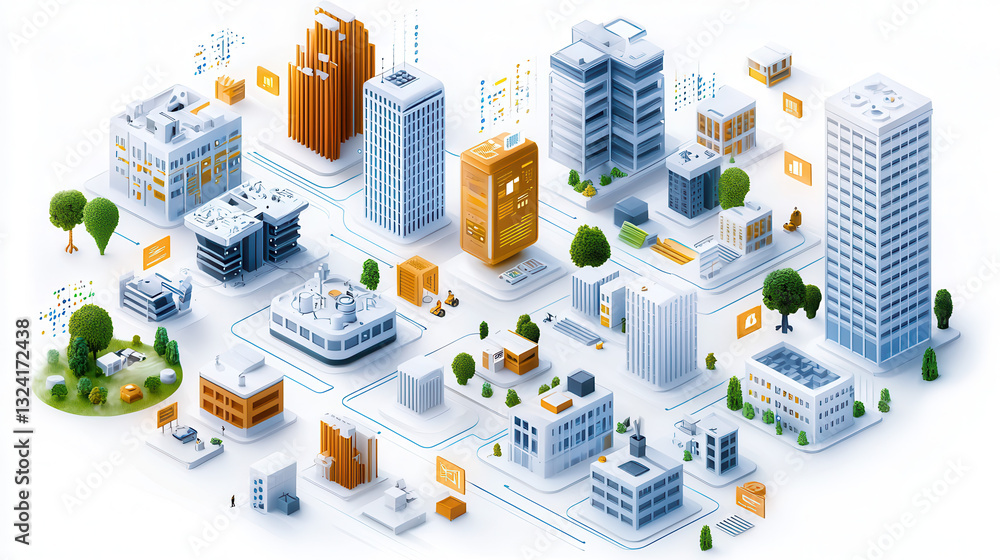 Aufkleber clean and modern visual of global data network featuring various buildings, trees, and data connecti
