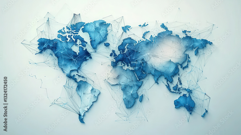 Poster clean and modern visual of global data network, showcasing interconnected regions in blue tones, rep