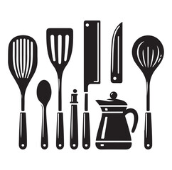 kitchen utensils set icon black silhouette vector on white background.