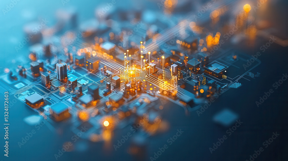 Poster clean and modern visual of global data network with glowing connections and buildings, representing 