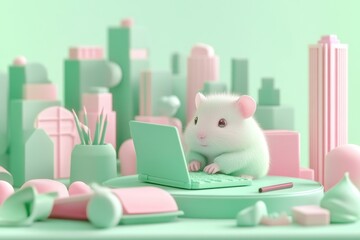 Adorable hamster working on a pastel-colored laptop in a miniature city setting.