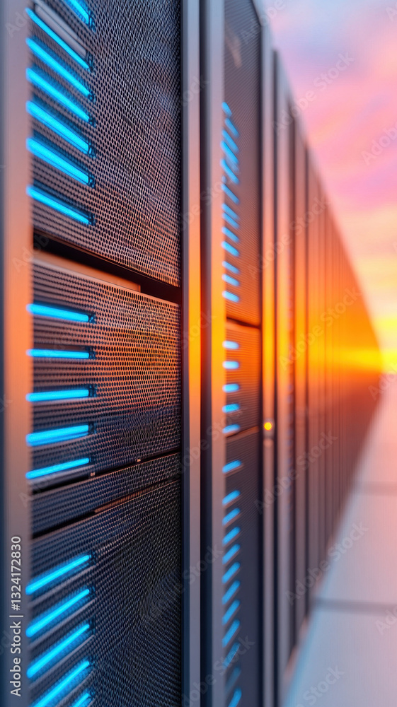 Poster data center servers with glowing blue lights at sunset create modern and technological atmosphere. s
