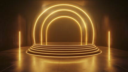 futuristic stage with glowing golden arches and empty background creates dramatic atmosphere. illuminated design highlights sleek, modern architecture of space