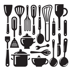 kitchen utensils set icon black silhouette vector on white background.