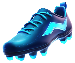 Stylish blue football cleat with a modern design isolated on transparent background.