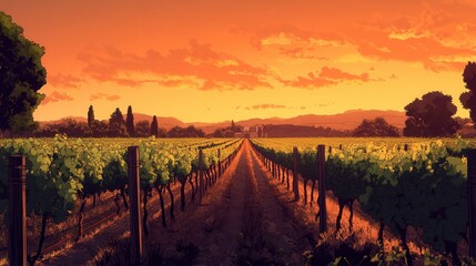 Fototapeta premium Vibrant vineyard rows basking in warm sunset glow with lush green vines leading to the horizon