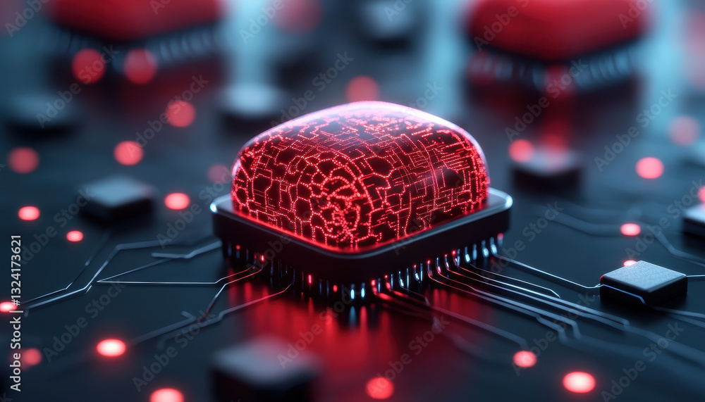 Poster red glowing microchip on circuit board, showcasing advanced technology and intricate design. vibrant