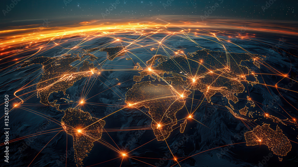 Poster global data network visualizing connections across continents, showcasing vibrant lights and intrica