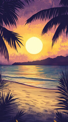 Artistic Tropical Beach Sunset with Palm Silhouettes and Golden Reflections - Paradise Beach Holiday Illustration