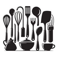 kitchen utensils set icon black silhouette vector on white background.