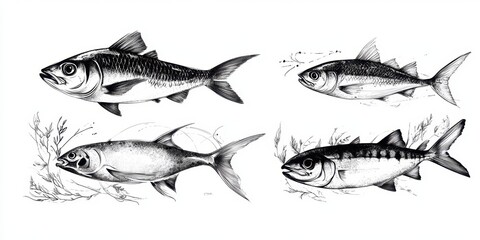 Detailed black and white illustrations of four fish species in profile