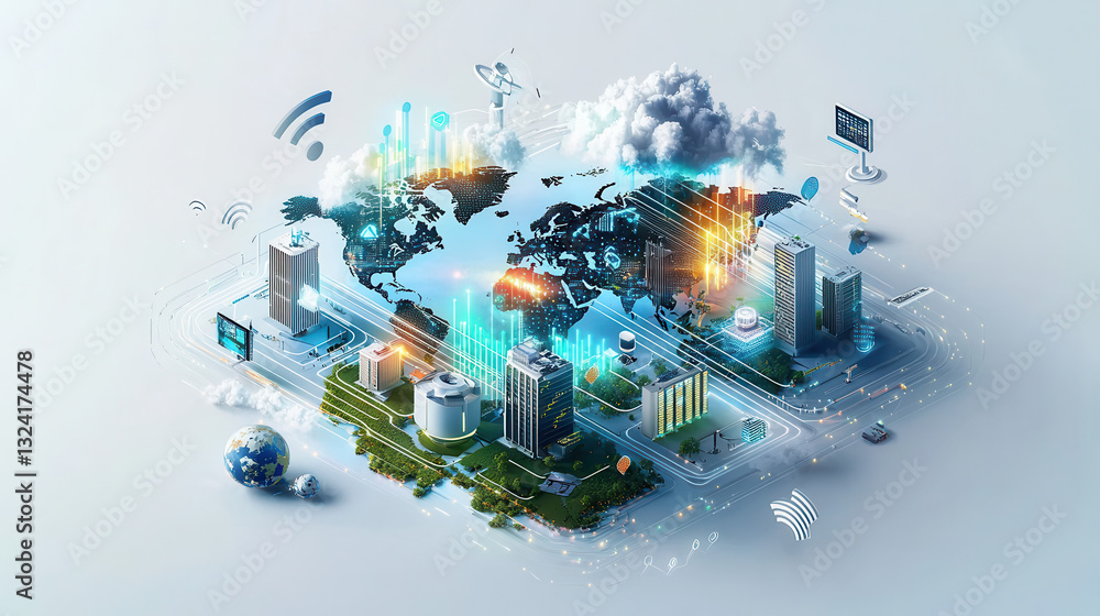 Poster clean and modern visual of global data network showcasing buildings, technology, and connectivity. i