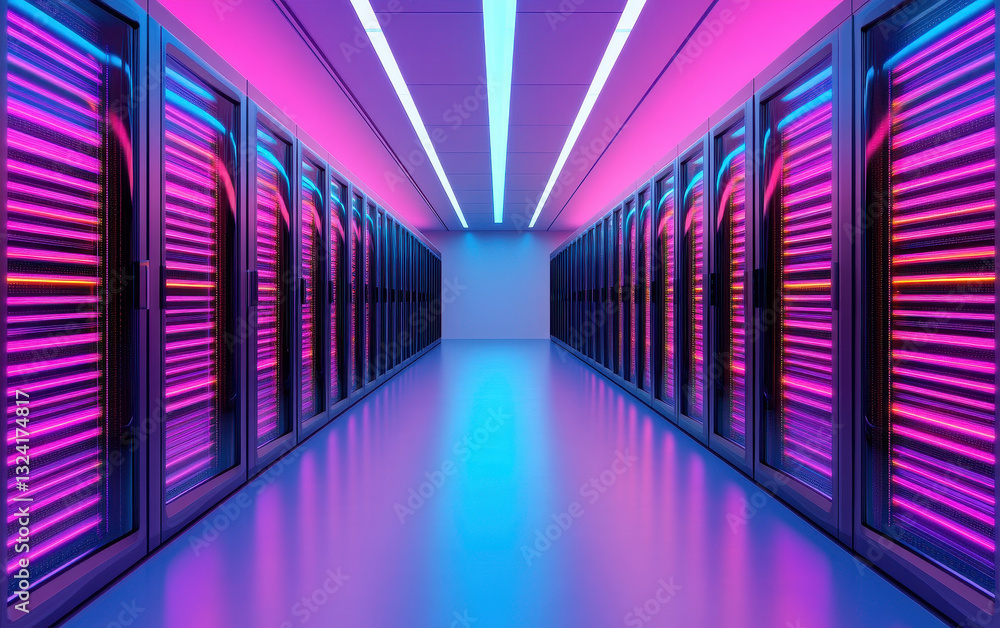 Poster vibrant data center corridor with illuminated server racks, showcasing futuristic design. colorful l