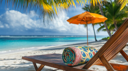 Beach Towel and Lounge Chair on Tropical Paradise Beach with Turquoise Waters and Palm Trees - Beach Holiday