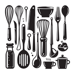 kitchen utensils set icon black silhouette vector on white background.