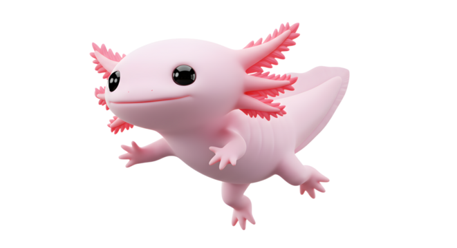 Adorable 3D Render of an Axolotl, Pink Amphibian with Feathery Gills, Aquatic Creature, Cute Cartoon Style