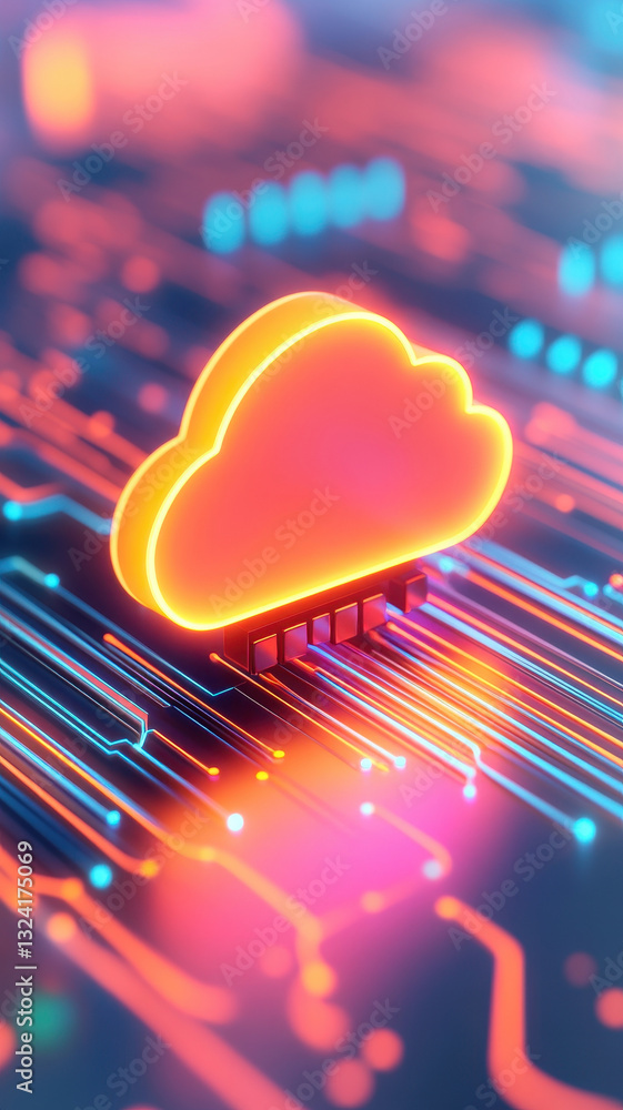 Poster cloud symbol glowing in vibrant colors on digital circuit background, representing technology and co