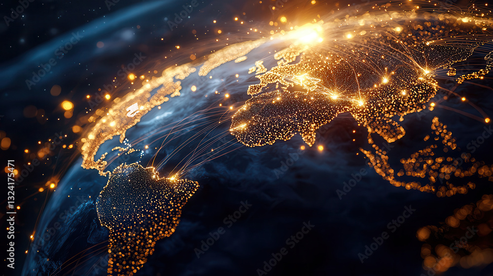 Poster stunning visual of global data network showcasing illuminated connections across continents, emphasi