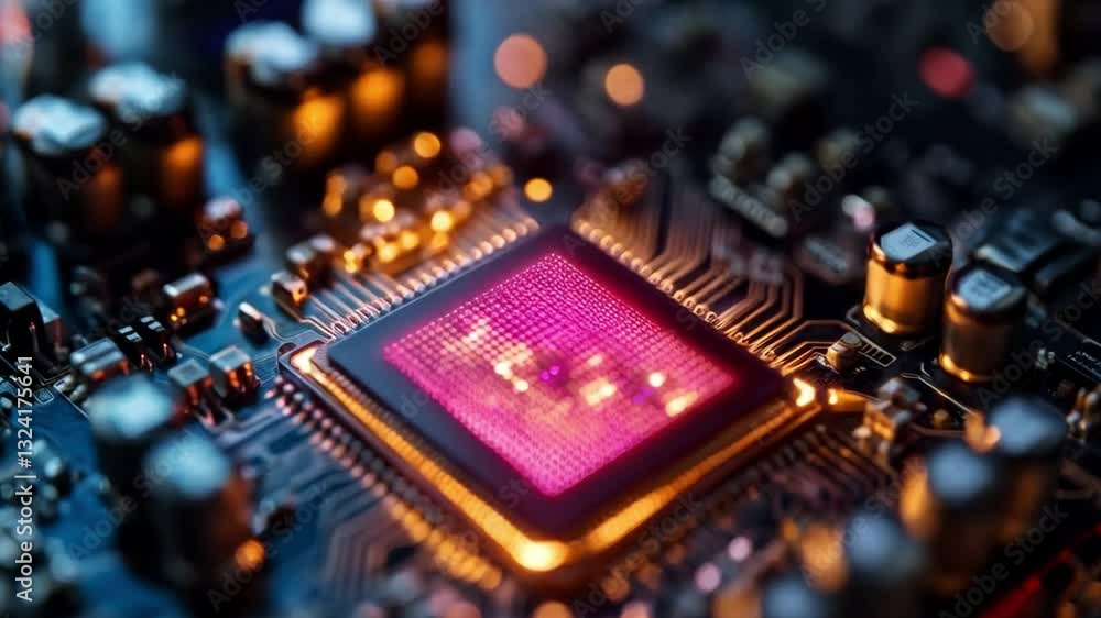 Leinwandbilder Close-up view of a quantum processor chip illuminated with vibrant purple and orange hues. The intricate circuit design features components like qubits and gates essential for quantum computing.