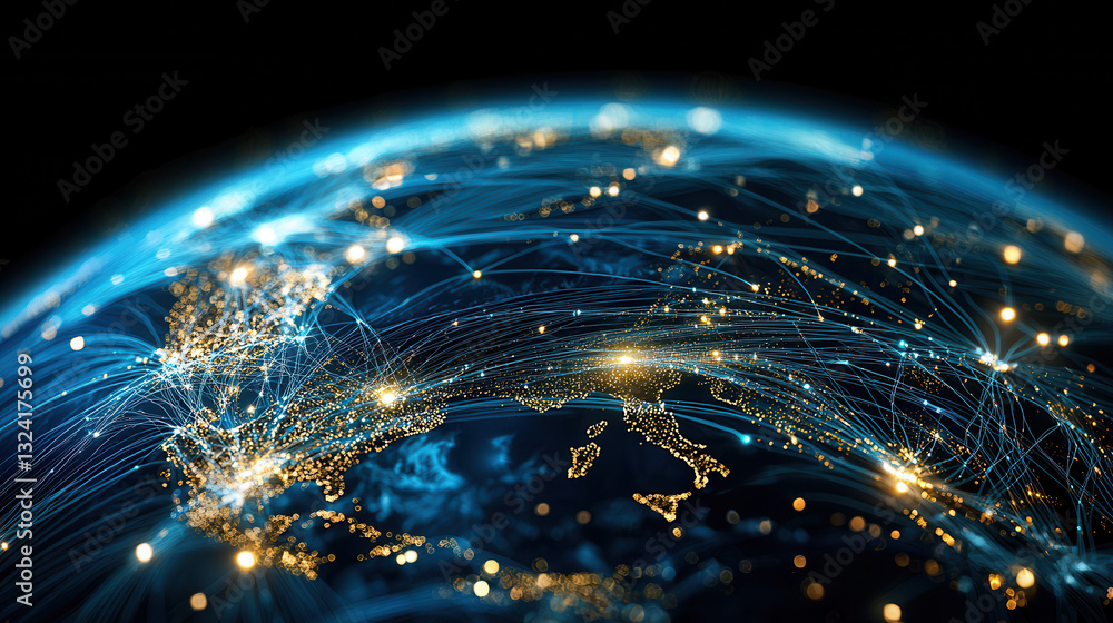 Poster clean and modern visual of global data network showcasing interconnected cities and regions, highlig