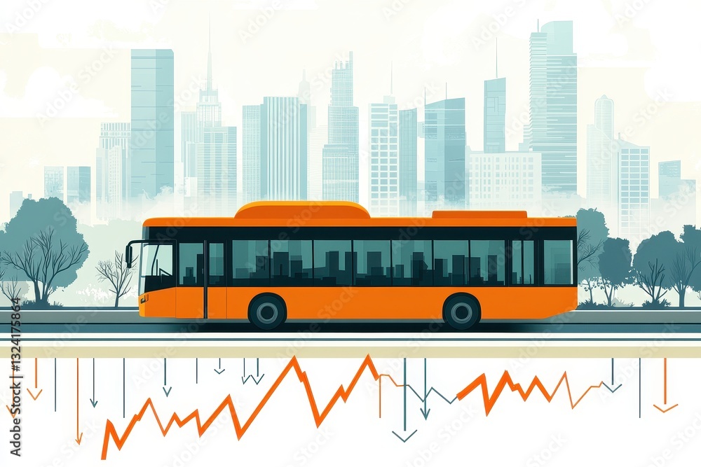 Poster City Bus Against Urban Skyline with Graphical Elements and Arrows