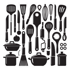 kitchen utensils set icon black silhouette vector on white background.