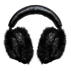 Faux Fur Earmuff with Glitter Detailing in Black Isolated on Transparent Background
