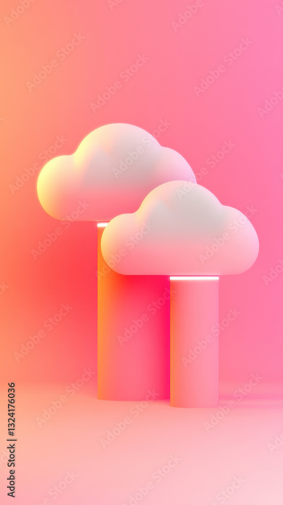 Poster minimalist 3d render of smooth, curved clouds in pink gradient background, creating serene and dream