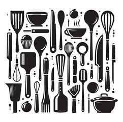 kitchen utensils set icon black silhouette vector on white background.