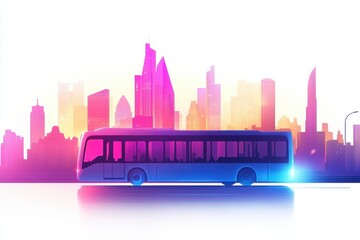 Futuristic Bus with Urban Skyline in Vibrant Neon Colors