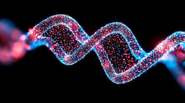 A vibrant, abstract representation of a DNA strand, showcasing swirling patterns in blue and red against a dark background.